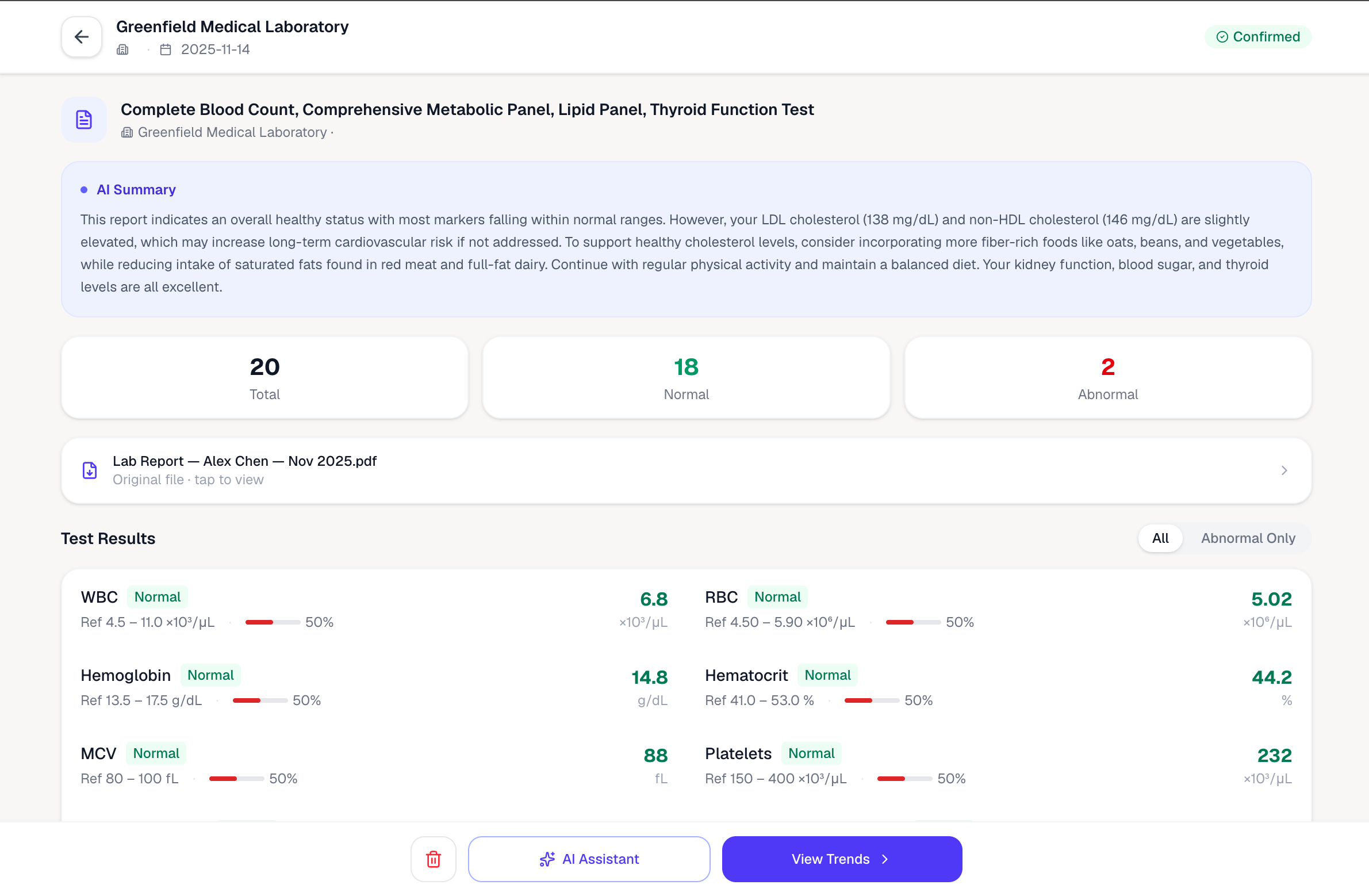 Kinmetry report detail page showing an AI-generated health summary alongside parsed blood test results